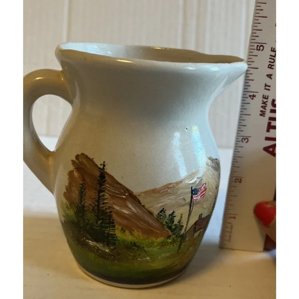 USA Pottery Hand Painted American Landscape Blue Stripe 4 3/4